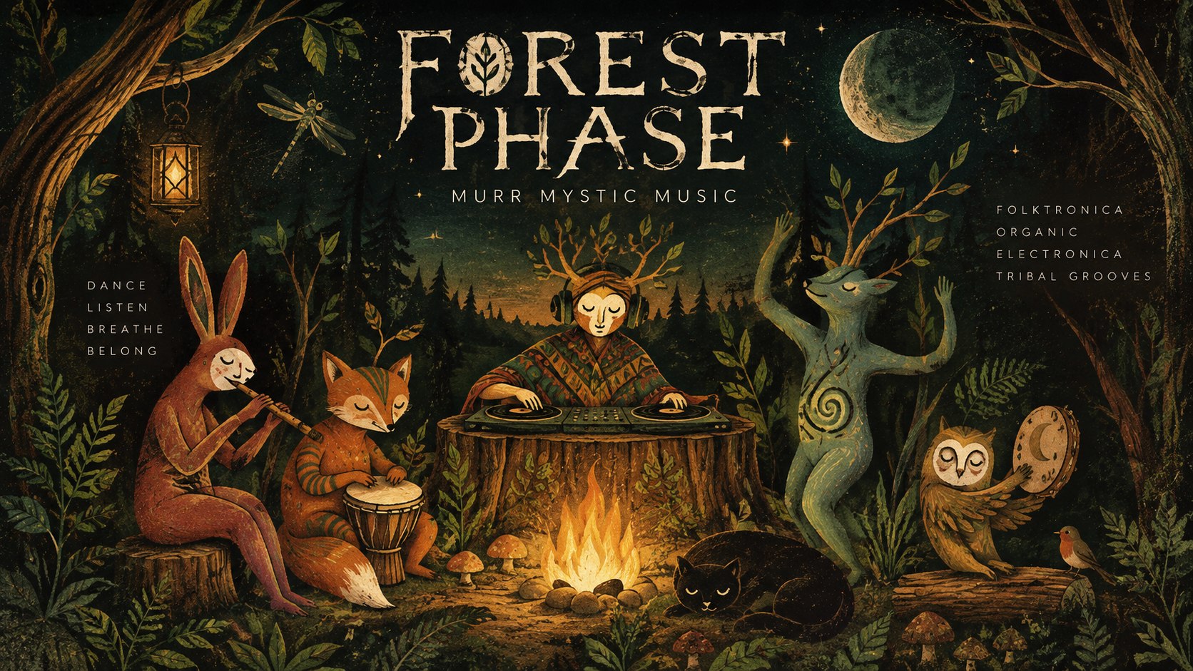 Forest Phase — illusztrált erdei összejövetel egy tábortűz körül: róka, nyúl, bagoly, agancsos DJ egy fatönkbe vájt keverőpultnál, és a fogyó hold az égen